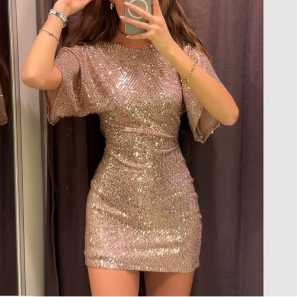 Zara Rose Gold Sequin Draped Mini Dress NWT’s sz M